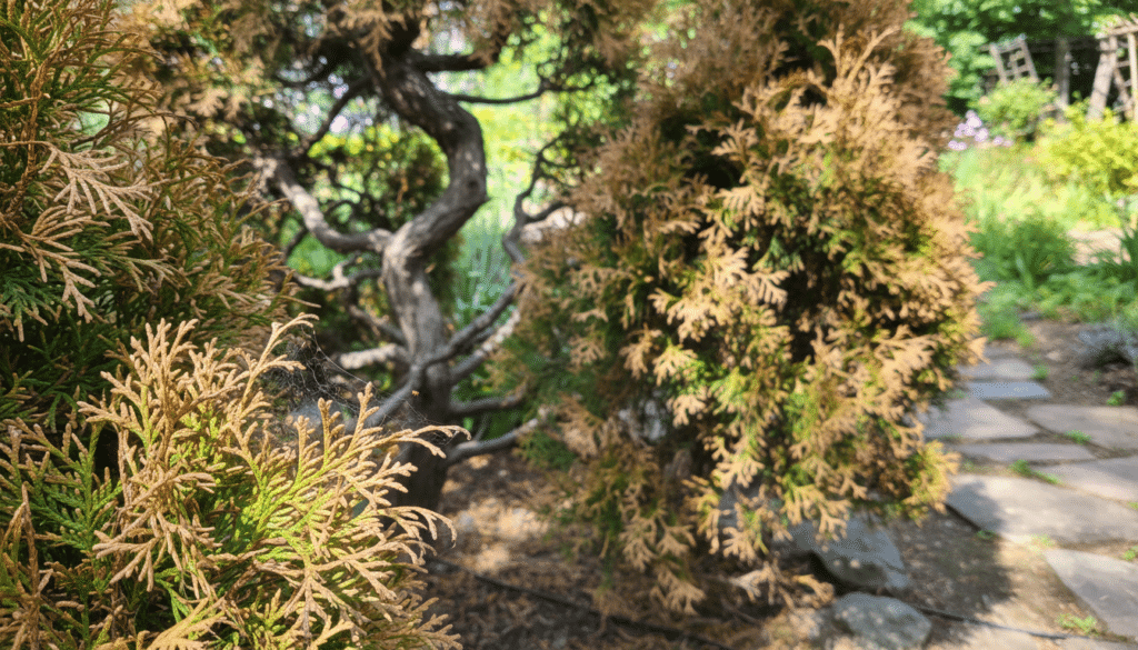 A close-up view of arborvitae trees affected by common diseases, showcasing symptoms like yellowing foliage, browning tips, and gnarled branches. In the foreground, a detailed focus on a cluster of arborvitae needles exhibiting signs of pest damage, with tiny insects visible among the foliage. The middle ground features several affected trees with varying stages of disease, set against a softly blurred background of a lush garden. Natural daylight filters through leaves, creating dappled patterns on the ground, enhancing the atmosphere of a tranquil yet affected environment. The scene conveys a sense of urgency for tree health restoration while maintaining a serene and educational mood, making it suitable for an informative article on arborvitae diseases.