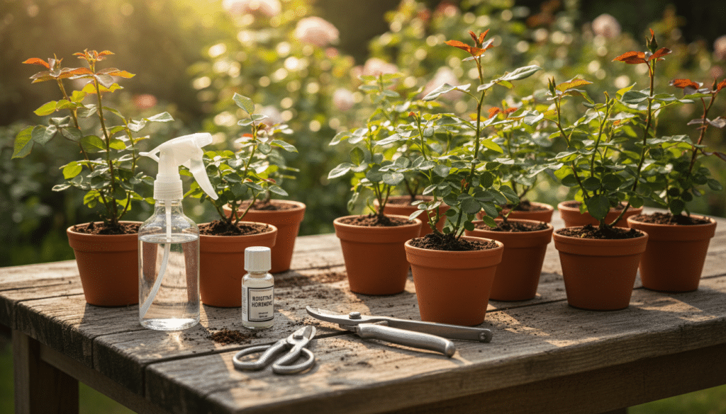 A close-up view of expert rose propagation techniques on a rustic wooden table, showcasing various healthy rose cuttings in soil-filled pots. The foreground features detailed tools such as pruners, rooting hormone, and a spray bottle, all arranged neatly. In the middle, diverse rose cuttings with vibrant green stems and budding leaves are depicted to illustrate successful propagation. The background includes soft-focus elements of a lush garden, hinting at a sunny day with warm sunlight filtering through leaves, casting gentle shadows. The mood is serene and educational, evoking a sense of professionalism and expertise in gardening. The image is bright, with natural lighting that enhances the colors of the rose cuttings, presenting a clear and inviting composition.