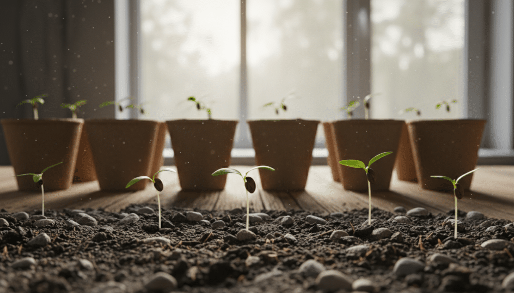 A close-up view of germinating bell pepper seeds, showcasing delicate sprouts pushing through dark, rich soil in a sunlit indoor environment. In the foreground, several tiny seedlings with vibrant green leaves emerging from their seed casings, surrounded by a mixture of soil and small stones for texture. The middle ground features a row of peat pots arranged on a wooden table, emphasizing the indoor gardening setup. In the background, soft, diffuse natural light streams through a window, creating a warm and inviting atmosphere. The focus is sharp on the seeds while a slight blur enhances the sense of depth, evoking a nurturing ambiance perfect for growth and cultivation.