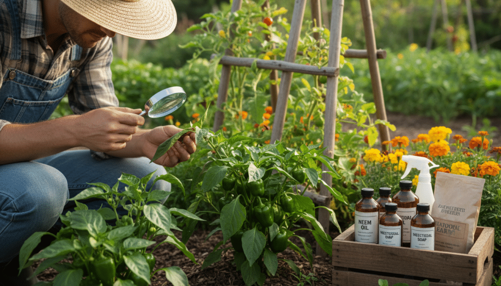 A close-up view of vibrant green bell pepper plants in a sunny garden, displaying healthy foliage. The foreground features a gardener in modest casual clothing, gently inspecting the leaves for pests, utilizing a small handheld magnifying glass to examine for aphids and spider mites. In the middle ground, various organic pest control products are artistically arranged, such as neem oil and diatomaceous earth, highlighting prevention methods. The background showcases a lush vegetable garden with a wooden trellis and blooming marigolds, which attract beneficial insects. Soft, sunlight filtering through the foliage creates a warm, inviting atmosphere, emphasizing a sense of care and diligence in maintaining healthy plants. The angle captures the intricate details of the plants, enhancing the overall sense of gardening passion.
