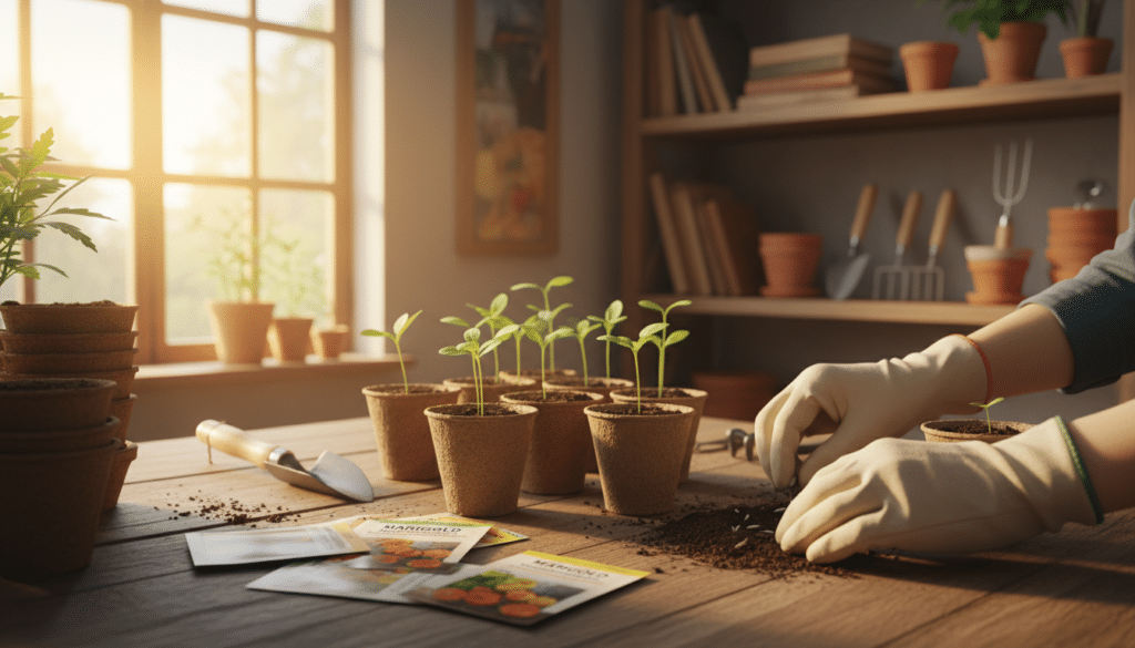 A cozy indoor setting focusing on a wooden table where marigold seeds are being planted in small biodegradable pots filled with rich, dark soil. In the foreground, a close-up of hands in modest gardening gloves gently pressing the seeds into the pots, with packets of marigold seeds scattered nearby. In the middle, the sunlight streams through a nearby window, illuminating the vibrant green seedlings sprouting in the pots. The background features shelves filled with gardening books and tools, creating an inviting atmosphere. The lens captures a warm, natural light that enhances the earthy tones, evoking a sense of nurturing and growth, inspiring viewers to start their journey in gardening.