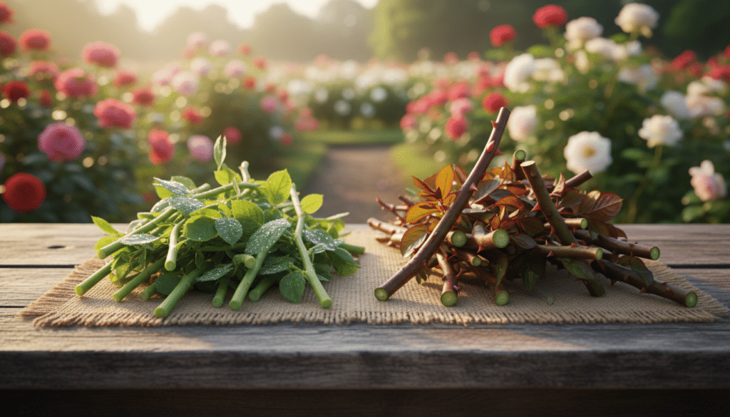 A detailed comparative illustration of softwood and hardwood cuttings, positioned side by side. In the foreground, place a vibrant assortment of freshly cut softwood rose cuttings, showcasing their light green stems and tender leaves with clear, dewy drops shimmering in soft morning light. Adjacent, display mature hardwood rose cuttings with their darker, woody stems and well-defined leaf buds, emphasized by rich earth tones and slight texture. In the middle ground, include a stylish, rustic wooden table, providing contrast to the cuttings. The background should feature a softly blurred garden scene, with hints of blooming roses. Use natural, warm lighting to create a serene and inviting atmosphere, capturing the essence of nurturing plants. The camera angle should be slightly above the table, focusing on the cuttings to highlight their differences.