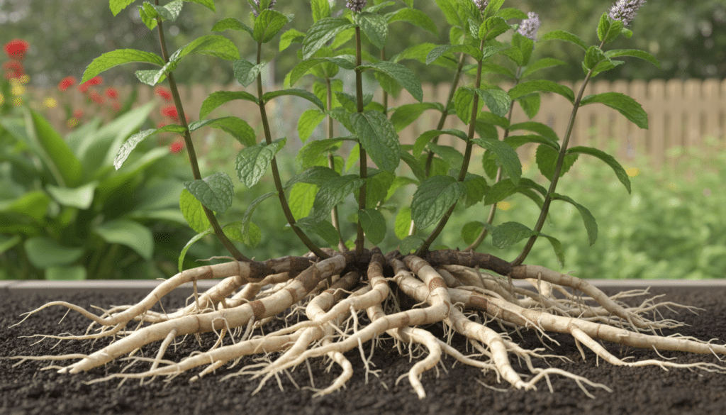 A detailed illustration of a mint rhizome system, showcasing its intricate underground growth structure. The foreground features a close-up view of mint rhizomes, with their thick, white, and knobby roots visibly branching out in various directions, surrounded by rich, dark soil. In the middle ground, healthy green mint stems and leaves rise above the soil, displaying varying shades of green, emphasizing their growth potential. The background consists of a blurred garden setting, with hints of other plants to indicate a common garden environment. Soft, natural lighting highlights the textures of the roots and leaves, creating a vibrant atmosphere that conveys both beauty and the invasive nature of mint plants. The angle should be a low shot, looking slightly up at the mint, drawing attention to its growth. A detailed illustration of a mint rhizome system, showcasing its intricate underground growth structure. The foreground features a close-up view of mint rhizomes, with their thick, white, and knobby roots visibly branching out in various directions, surrounded by rich, dark soil. In the middle ground, healthy green mint stems and leaves rise above the soil, displaying varying shades of green, emphasizing their growth potential. The background consists of a blurred garden setting, with hints of other plants to indicate a common garden environment. Soft, natural lighting highlights the textures of the roots and leaves, creating a vibrant atmosphere that conveys both beauty and the invasive nature of mint plants. The angle should be a low shot, looking slightly up at the mint, drawing attention to its growth.