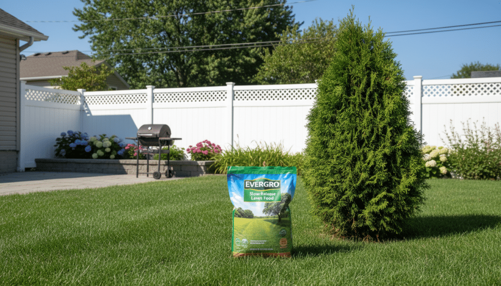 A high-quality bag of slow-release fertilizer sitting on a manicured lawn next to a tall, lush Emerald Green Arborvitae tree in a sunny suburban backyard.
