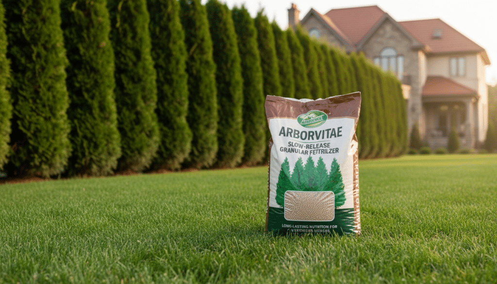 A high-quality bag of slow release granular fertilizer for arborvitae sitting on a green lawn next to a healthy cedar hedge, professional landscaping photography, soft natural lighting.