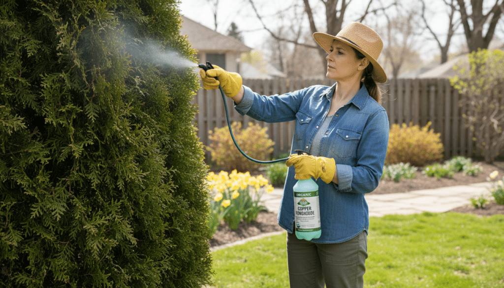 A high-resolution photo of a person wearing garden gloves applying organic copper fungicide spray to the tips of a lush green arborvitae tree during a sunny spring morning in a backyard.