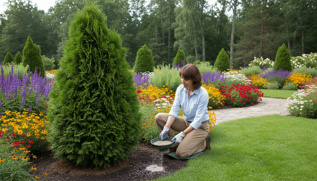 A lush garden scene featuring a healthy Arborvitae Emerald Green plant in the foreground, showcasing its vibrant, deep green foliage. A person, dressed in casual yet professional attire, kneels down applying fertilizer around the base of the plant with a spreader. The middle ground includes a well-maintained garden with various flowering plants and green grass, creating an inviting atmosphere. Bright natural lighting illuminates the scene, highlighting the texture of the soil and the fertilizer granules being spread. In the background, soft-focus trees create depth and a sense of tranquility. The overall mood is serene and nurturing, emphasizing careful plant care and vibrant growth.