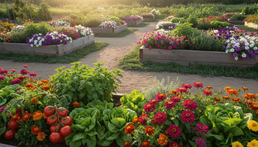 A lush garden scene showcasing a creative design that harmoniously blends vibrant vegetable patches with colorful flower blooms. In the foreground, plump tomatoes and crisp lettuce thrive next to clusters of bright zinnias and cheerful marigolds, creating a striking contrast. The middle ground features neatly arranged raised garden beds, bordered by winding pathways filled with fragrant herbs like basil and thyme, interspersed with bursts of colorful petunias. In the background, a gentle sunlit sky casts a warm, inviting glow over the entire scene, with soft shadows adding depth. The garden is alive, with bees flitting between flowers and the vibrant colors of the vegetables creating an atmosphere of abundance and joy. The scene is captured from a slightly elevated angle to showcase the full spectrum of colors and textures in this harmonious garden design.