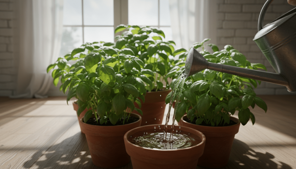 A lush indoor setting featuring vibrant basil plants thriving in terracotta pots, showcasing healthy green leaves glistening with moisture as if freshly watered. In the foreground, a watering can gently pours water into one of the pots, creating a soft splash and droplets reflecting light. The middle ground includes several other pots, emphasizing the overall arrangement and health of the plants. Soft, diffused natural light streams in from a window in the background, casting gentle shadows and creating a warm, inviting atmosphere. The composition highlights the beauty of nurturing indoor gardening, encouraging a sense of tranquility and growth. The scene is captured from a slightly elevated angle to provide an engaging perspective while maintaining focus on the moisture management aspects.