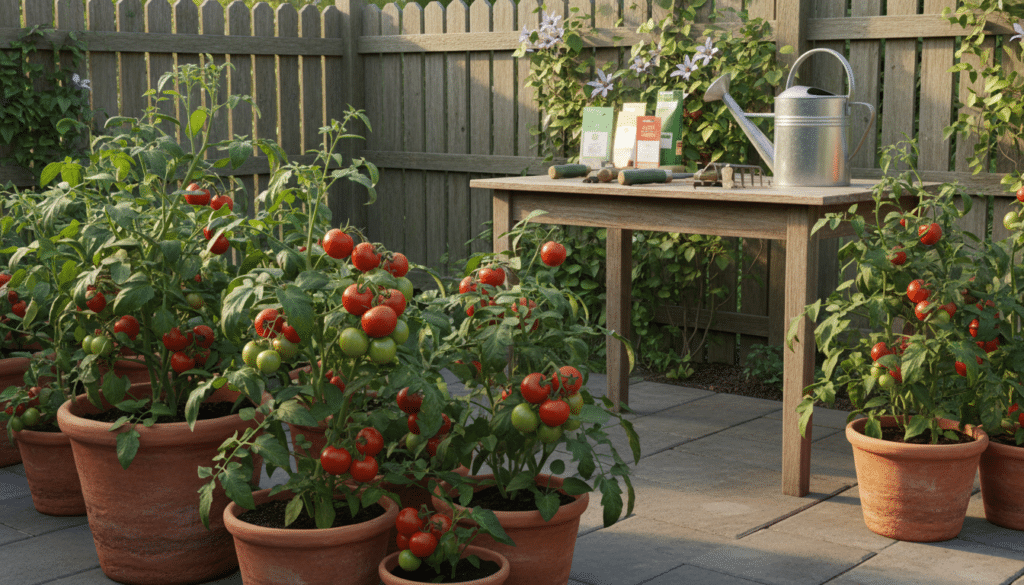 A lush, vibrant container garden filled with ripe red tomatoes on a sunny patio. In the foreground, a variety of terracotta pots show healthy tomato plants with green leaves and bright red fruit, some fully ripe and others just beginning to develop. In the middle, a wooden table holds gardening tools, soil, and seed packets, while a watering can glimmers in the sunlight. The background features a wooden fence adorned with climbing vines, creating a cozy backyard atmosphere. Soft natural lighting bathes the scene, with warm sunlight casting gentle shadows, evoking a serene and inviting mood. The image is captured from a slightly elevated angle, showcasing the rich details of the garden while emphasizing the joy of container gardening.