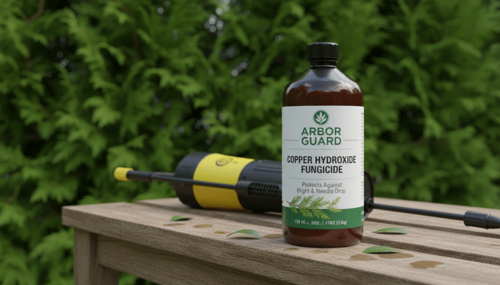 A product shot of a professional-grade arborvitae fungicide bottle containing copper hydroxide, sitting on a wooden garden bench with a sprayer and lush green hedges in the background.