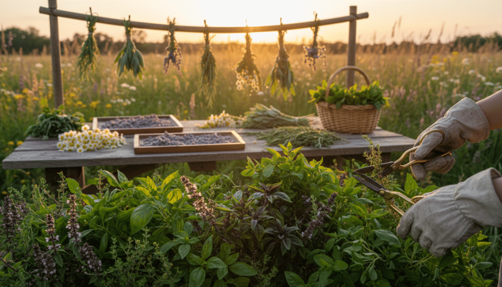 A serene garden scene depicting the process of harvesting and drying herbs. In the foreground, a pair of hands dressed in modest gardening gloves carefully cut fresh basil and thyme from lush green plants using scissors. The middle layer shows a wooden table displaying an assortment of freshly harvested herbs, some laid flat to dry, while others hang in small bundles tied with twine. In the background, the sun sets gently, casting a warm golden light across the scene, enhancing the textures of the herbs and highlighting their vibrant colors. Gentle breezes rustle leaves, creating a tranquil atmosphere, perfect for botanical work. The image is captured with a soft focus using a wide-angle lens to emphasize the depth of the garden, inviting viewers to appreciate the art of herb harvesting.