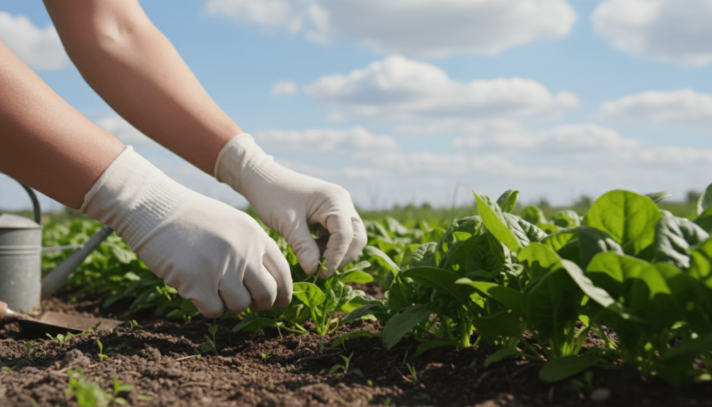 A serene garden scene focused on spinach plants being thinned and weeds being controlled. In the foreground, a hand gently pulls out small weeds from rich, dark soil around vibrant green spinach leaves. The middle ground features rows of healthy spinach plants, some spaced closer together and others thinned for optimal growth. In the background, a bright blue sky with soft, fluffy clouds illuminates the scene, casting gentle sunlight that highlights the glossy leaves. The composition captures a sense of tranquility and purpose, conveying the care involved in gardening. The angle is slightly elevated, showcasing the rows of plants and the gardener's hands in action. The overall mood is peaceful and nurturing, ideal for an agriculture-themed illustration.