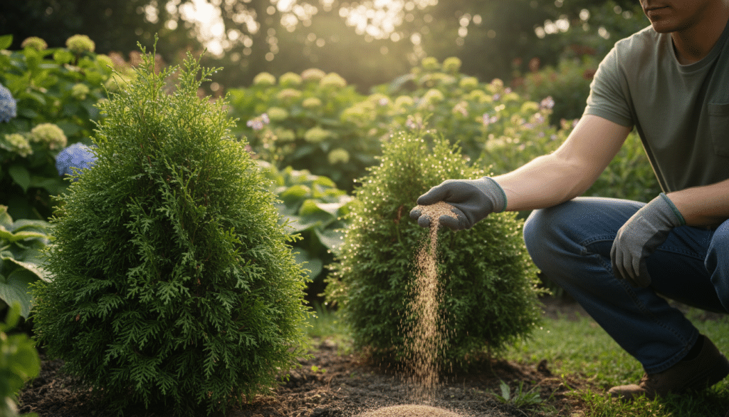 A serene garden scene showcasing Arborvitae Emerald Green plants in vibrant, healthy condition. In the foreground, rich, thick green foliage of the Arborvitae, glistening with morning dew, captures the eye. In the middle ground, a gardener in modest casual clothing is shown applying a granular fertilizer, with a close-up on the shimmering granules being spread around the plants. Soft, dappled sunlight filters through nearby trees, creating a warm and inviting atmosphere. In the background, a variety of lush greenery provides depth, hinting at a flourishing garden ecosystem. The mood is one of nurturing and growth, emphasizing the importance of timely fertilization for optimal plant health. Use a shallow depth of field to focus on the action of fertilizing while softly blurring the background elements.