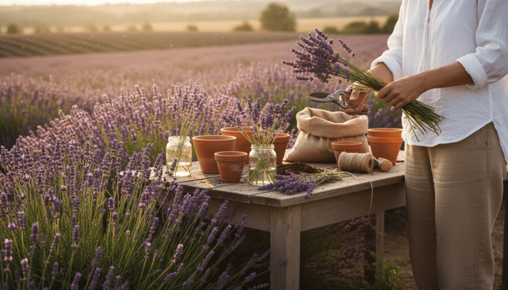 A serene garden scene showcasing the meticulous process of preparing lavender cuttings. In the foreground, a skilled gardener, dressed in modest casual clothing, is gently trimming vibrant lavender stems with pruning shears, their purple blooms in full display. The middle ground features a rustic wooden table adorned with gardening tools, such as pots and soil, and freshly cut lavender ready for propagation. In the background, a lush lavender garden stretches toward a soft, golden hour light that casts a warm glow over the entire scene, creating a peaceful and productive atmosphere. The angle is slightly elevated, capturing the beauty of the plants and the care involved in the cutting process, evoking a sense of calm and connection to nature.