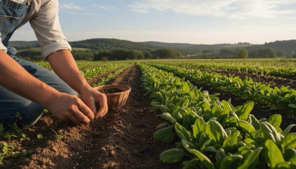A serene garden scene showcasing the process of planting spinach at its optimal temperature. In the foreground, a gardener in modest casual clothing gently places spinach seeds into rich, dark soil, hands partially covered in earth. The middle ground features rows of vibrant green spinach seedlings just beginning to sprout, glistening with morning dew under soft, warm sunlight. The background reveals a clear blue sky dotted with fluffy white clouds, and a lush green landscape of gently rolling hills. The lighting is soft and natural, creating an inviting and tranquil atmosphere that emphasizes growth and nurturing. The angle captures the action from slightly above the gardener's hands, enhancing the focus on the planting process and the thriving spinach plants.