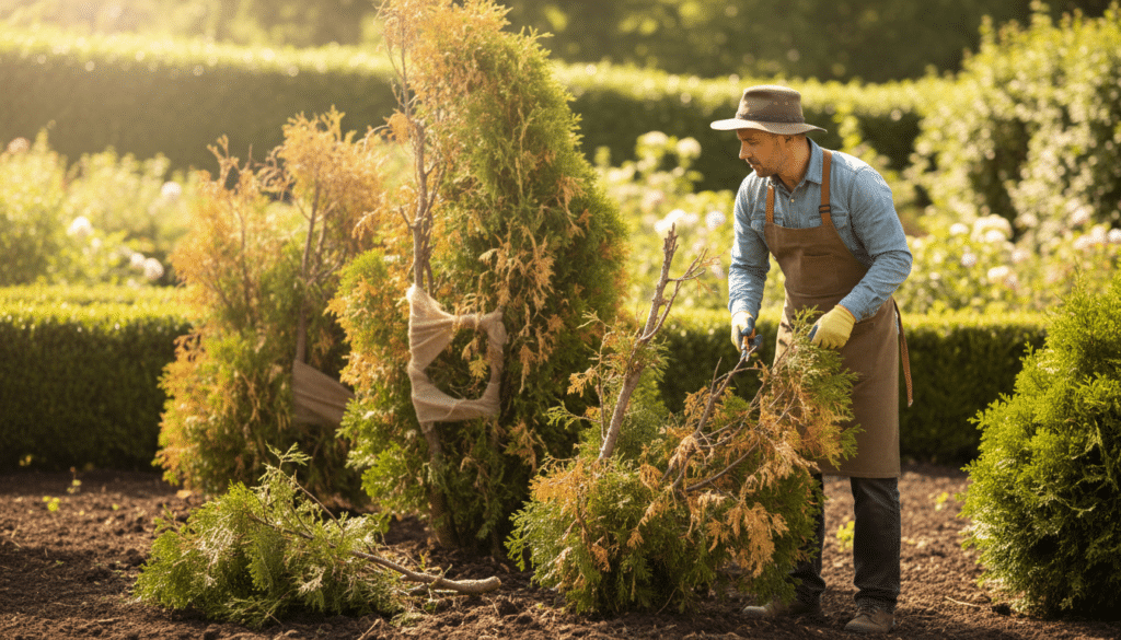 A serene garden setting showcasing an arborvitae tree undergoing care and repair. In the foreground, a skilled horticulturist, dressed in professional gardening attire, carefully examines the foliage with pruning shears. The middle ground features multiple arborvitae trees with visible signs of damage, like yellowing leaves and broken branches, illustrating the treatment process. In the background, a sunny day casts warm, natural light, enhancing the vibrant greens of healthy foliage and the rich browns of the soil. The atmosphere is calm and focused, emphasizing the importance of tree care. The image composition is captured with a soft depth of field, bringing attention to the arborvitae while softly blurring the background to create a peaceful gardening environment.