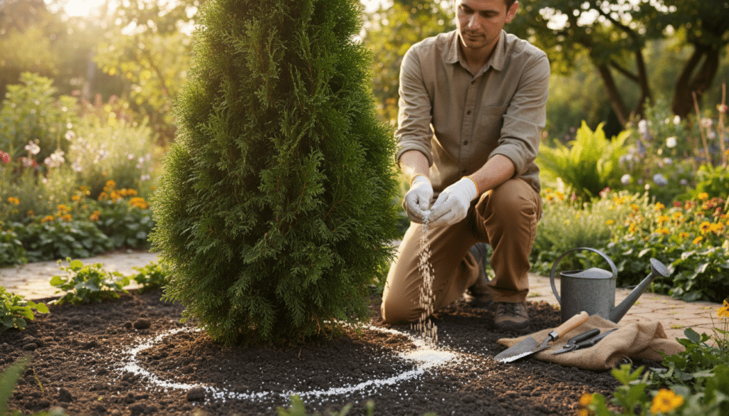A serene gardening scene featuring a lush, healthy arborvitae tree at the center. A person, dressed in modest casual clothing, kneels beside the tree, gently applying granular fertilizer around the base in the root zone, showcasing proper technique. The foreground captures the individual's hands spreading fertilizer with care, while the middle includes rich green foliage of the arborvitae and a few scattered gardening tools. In the background, a soft-focus garden landscape with dappled sunlight filtering through the leaves creates a tranquil atmosphere. Use a warm, natural lighting to accentuate the greenery and the texture of the fertilizer. The image should evoke a sense of nurturing, growth, and connection with nature.