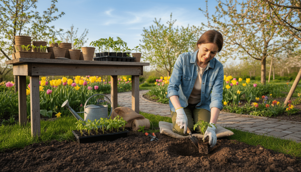 A serene spring garden scene focusing on seed starting and transplanting methods. In the foreground, a gardener, dressed in modest casual clothing, uses a trowel to carefully transplant young vegetable seedlings into rich, dark soil. Their hands are gentle, showcasing a nurturing approach. In the middle, a wooden potting bench is filled with neatly arranged containers of various seedlings, some sprouting vibrant green leaves. Nearby, tools like watering cans and hand trowels lie ready for use. The background features a blossoming flower bed and trees budding with fresh leaves under clear blue skies. Soft, warm sunlight filters through, casting gentle shadows and highlighting the fresh, lively colors of spring. The atmosphere is peaceful and hopeful, embodying the essence of successful planting techniques.