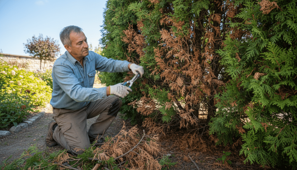 A skilled gardener, dressed in modest casual clothing, carefully prunes infected branches from a lush, green arborvitae tree in a well-maintained garden. In the foreground, the gardener uses sharp pruning shears, focusing intently on the affected branches. The middle ground showcases the vibrant, healthy parts of the arborvitae, contrasting with the brown, wilted branches being removed. Soft sunlight filters through the leaves, casting delicate shadows on the ground, enhancing the tranquil atmosphere. In the background, there are hints of other healthy plants and a clear blue sky. The scene conveys a sense of care and attention, illustrating the step-by-step process of treating arborvitae blight effectively.