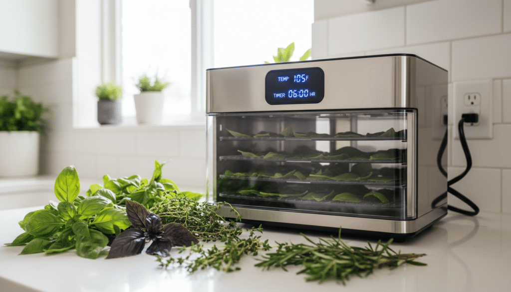 A sleek, modern dehydrator sits on a clean kitchen countertop, surrounded by an array of freshly harvested herbs such as basil, thyme, and rosemary, ready for drying. The foreground features a close-up of vibrant green herbs laid out on the dehydrator trays, showcasing their natural colors. In the middle ground, the dehydrator is plugged in, with the digital display glowing softly, indicating the drying temperature and timer. The background shows soft, diffused natural light coming through a window, highlighting the bright kitchen atmosphere. The image captures a sense of warmth and serenity, emphasizing the importance of precision and consistency in herb drying. Use a wide-angle lens to create depth and draw attention to the dehydrator's sleek design and the freshness of the herbs.