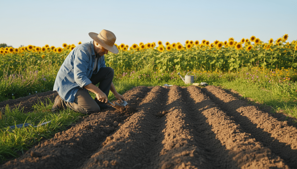 A sunny garden scene focused on preparing soil for sunflowers. In the foreground, a gardener, dressed in modest casual attire, kneels on rich, dark soil, using a trowel to aerate the ground. The middle ground features a neatly organized plot filled with rows of freshly turned earth, ready for seeds. Surrounding the garden, green grass peeks through, and a few small garden tools lie nearby, hinting at an inviting atmosphere. In the background, tall sunflowers sway gently in a light breeze against a clear blue sky, symbolizing the prospects of growth. The scene is warmly lit, evoking a sense of optimism and vitality, with soft shadows created by midday sun enhancing the textures of the soil and plants.
