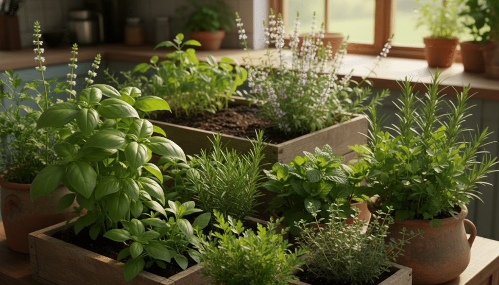 A thriving kitchen herb garden filled with vibrant, lush herbs in various stages of growth. In the foreground, a variety of herbs such as basil, rosemary, mint, thyme, and parsley in rustic wooden containers and terracotta pots, each showcasing healthy green leaves. In the middle ground, a well-maintained raised bed with rich, dark soil, accentuated by the delicate flowers of the herbs. The background features a sunny kitchen window, allowing warm sunlight to pour in, enhancing the vibrant colors of the herbs. The scene evokes a warm, inviting atmosphere with a hint of tranquility, captured from a slightly elevated angle to showcase the diversity and beauty of the herb garden. Soft, natural lighting highlights the freshness and vitality of the plants.
