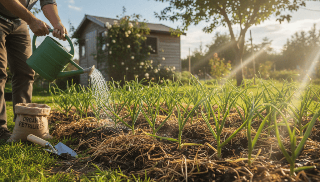 A tranquil garden scene showcasing the meticulous care of garlic plants. In the foreground, a gardener, dressed in modest casual clothing, gently waters a row of healthy green garlic shoots, their vibrant leaves glistening with moisture. A small gardening trowel and a bag of organic fertilizer are nearby, emphasizing the nurturing process. In the middle ground, freshly mulched soil surrounds the garlic plants, with dried leaves and straw providing insulation. In the background, a soft-focus view of a garden shed and a clear blue sky creates an uplifting atmosphere. The sunlight filters through the trees, casting a warm, golden hue across the scene, enhancing the feeling of dedication and care in this peaceful gardening setting.