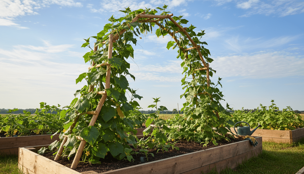 A vibrant and detailed scene showcasing a trellis specifically designed for supporting cucumber vines in a raised garden bed. In the foreground, the trellis stands tall, crafted from natural wood, adorned with lush green cucumber leaves and young fruits climbing eagerly towards the sun. The middle ground features a neatly organized raised bed filled with rich, dark soil, with additional cucumber plants in various stages of growth. In the background, a bright blue sky is dotted with soft, fluffy clouds, enhancing the idyllic gardening atmosphere. The lighting is soft and warm, creating a peaceful, inviting mood, while the angle captures the scene from a slightly elevated perspective, emphasizing the trellis and the flourishing plants around it.