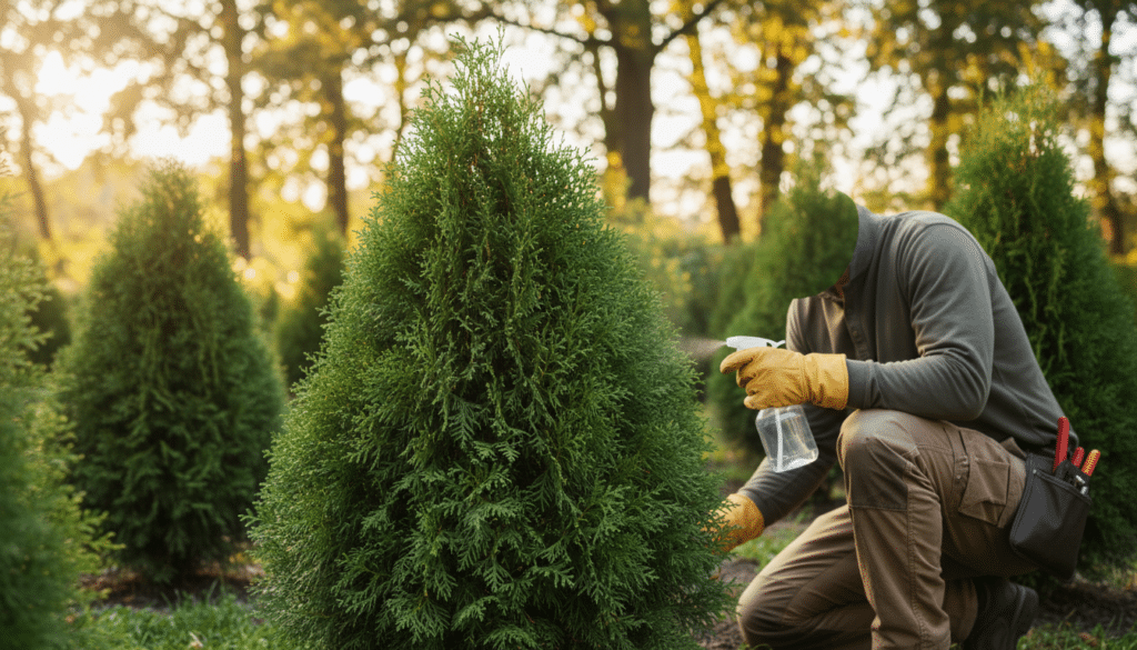 A vibrant and healthy Arborvitae plant takes center stage, showcasing its lush green foliage, smooth texture, and rich color. In the foreground, a gardener in professional attire carefully examines the plant's base, equipped with gardening tools like pruners and a spray bottle for maintenance treatments. The middle ground features a variety of well-maintained Arborvitae plants, all demonstrating robust vitality, free from noticeable diseases or pests. In the background, a serene garden setting with soft sunlight filtering through the trees creates a calm, encouraging atmosphere. The scene is captured with a close-up angle, highlighting the details and textures, while warm, natural lighting brings out the vibrant greens and enhances the overall sense of health and care. The mood conveys a proactive approach to Arborvitae maintenance and disease prevention.