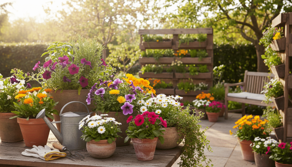 A vibrant and inviting container garden in full bloom, showcasing a variety of colorful spring flowers like petunias, daisies, and marigolds. In the foreground, a rustic wooden table displays terracotta pots overflowing with lush greenery and flowering plants, surrounded by gardening tools like gloves and a watering can. The middle ground features a neatly arranged vertical garden wall filled with plants, while the background displays a bright, cheerful garden setting under soft, natural lighting, with sunlight filtering through leafy trees. The overall mood is lively and uplifting, capturing the essence of budget-friendly gardening ideas perfect for anyone looking to beautify their space.