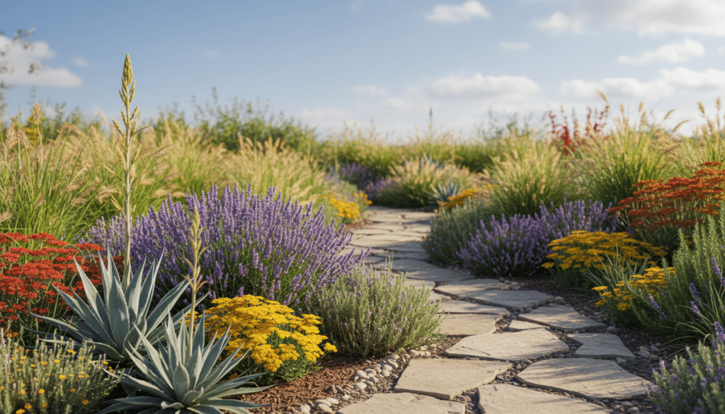 A vibrant and lush sustainable garden emphasizing water conservation, showcasing a variety of drought-tolerant flowers in full bloom under bright sunlight. In the foreground, include resilient flowers such as agave, lavender, and yarrow bursting with colors of purple, yellow, and red. The middle ground features natural stone pathways winding through the garden, surrounded by native grasses and aromatic herbs. In the background, depict a clear blue sky with gentle, fluffy clouds. Soft sunlight casts warm tones across the scene, enhancing the colors of the flora. Capture a tranquil, inviting atmosphere, ideal for promoting ecological harmony. The scene should be photographed with a shallow depth of field, giving an intimate feel while blurring the distant background softly.