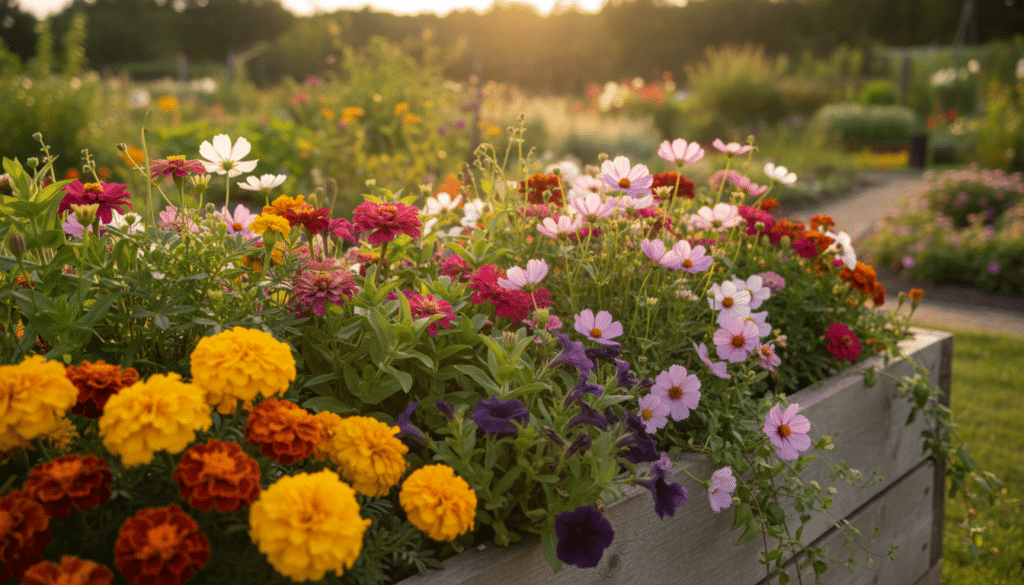 A vibrant and picturesque raised garden bed filled with an array of ideal flower varieties for home gardening, showcasing a bright selection of marigolds, zinnias, petunias, and cosmos, all in full bloom. The foreground features a close-up of the flowers, highlighting their intricate petals and rich colors—yellows, pinks, and purples. In the middle, the raised beds are made of rustic wooden planks, adding a charming rustic touch, with delicate green foliage peeking through. The background includes a softly blurred garden landscape under warm, golden hour lighting, casting a gentle glow that enhances the flowers’ vibrant hues. The mood is serene and inviting, embodying the tranquility of a beautifully tended garden.