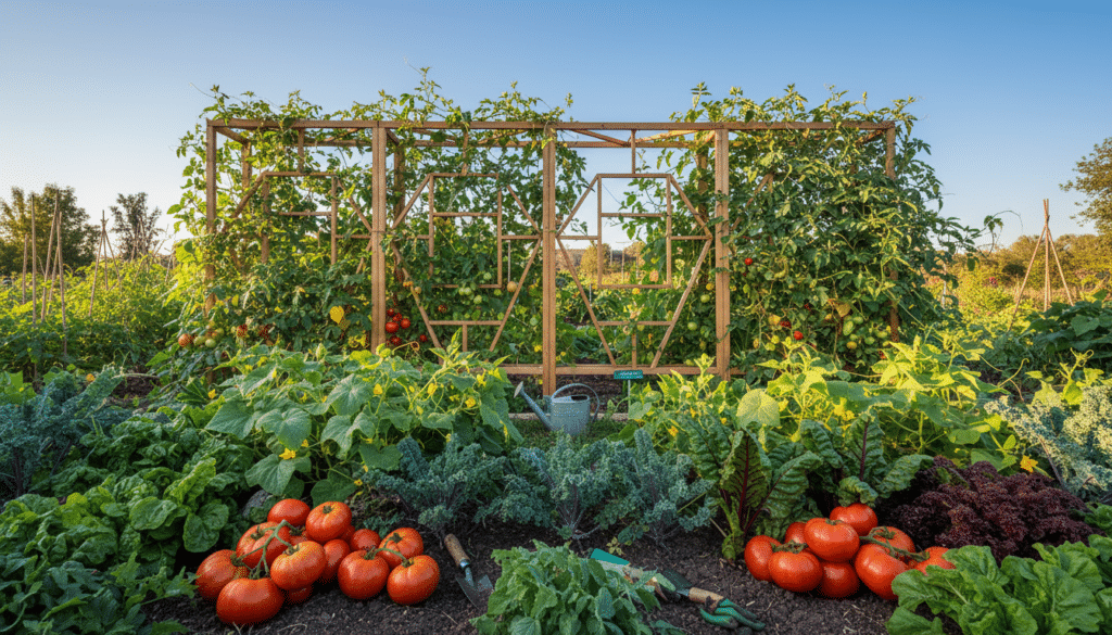 A vibrant garden layout featuring an intricate trellis system intercropped with a variety of vegetables, such as tomatoes, cucumbers, and leafy greens. In the foreground, a lush patch of colorful vegetables displays a mixture of textures and colors, capturing the essence of a spring harvest. The middle ground showcases the ornate trellis, adorned with climbing plants weaving through the structure, creating a sense of vertical gardening. The background reveals soft sunlight filtering through the leaves, casting gentle shadows on the soil. The atmosphere is lively and thriving, evoking feelings of abundance and creativity in gardening, with a clear blue sky overhead, ideal for optimizing harvest space. The scene should be captured in a wide angle, emphasizing the layout and depth of the garden.
