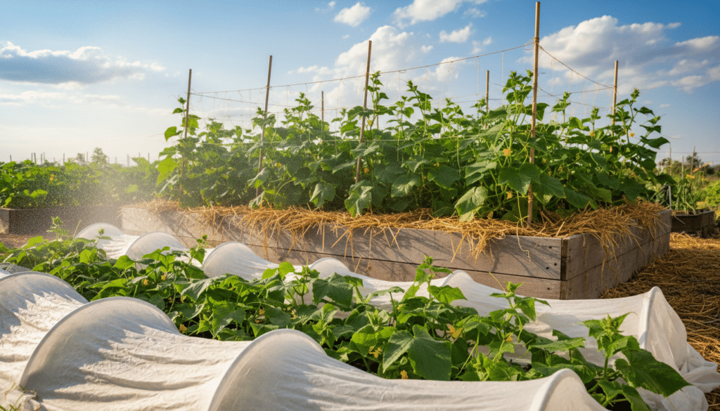 A vibrant garden scene depicting a microclimate specifically designed for cucumber plants. In the foreground, lush green cucumber vines thrive under protective row covers, showcasing their glossy leaves and small yellow blossoms. The middle ground features a raised bed filled with healthy cucumber plants nestled in rich, dark soil, surrounded by natural mulch for moisture retention. A gentle mist rises from a small watering system, creating a humid atmosphere ideal for growth. In the background, a sunny blue sky with fluffy white clouds illuminates the space, enhancing the serene gardening environment. Use soft, warm lighting to evoke a sense of tranquility and growth, captured from a slightly elevated angle to show the entire setup. No text or logos should be included in the image.