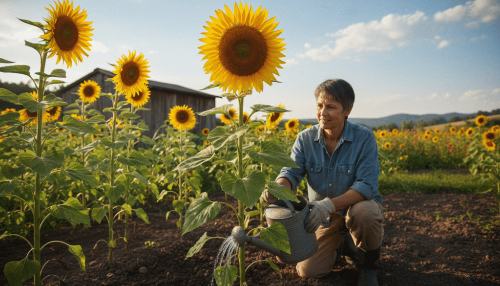 A vibrant garden scene featuring a gardener gently watering and feeding tall, healthy sunflowers. In the foreground, the gardener is kneeling, dressed in modest, casual clothing, holding a watering can with a gentle stream of water pouring onto the rich, brown soil at the base of a sunflower. The sunflowers, in full bloom, tower majestically with large, bright yellow petals and dark, seed-filled centers. In the middle ground, additional sunflowers stand robustly, their leaves lush and green. The background shows a clear blue sky with a few fluffy white clouds, hinting at a bright sunny day. Soft sunlight bathes the scene, creating a warm and inviting atmosphere, highlighting the beauty of nature and the care involved in nurturing the plants. A shallow depth of field focuses on the gardener and sunflowers, with a soft blur on the surrounding garden space.