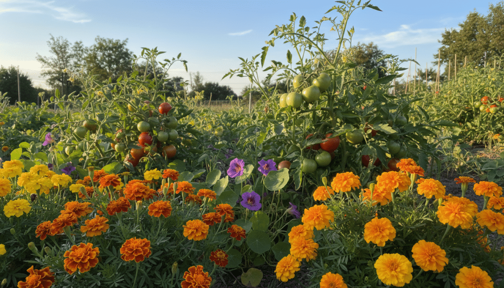 A vibrant garden scene featuring colorful flower companions for tomatoes. In the foreground, delicate marigolds bloom in bright oranges and yellows, their petals vivid against lush green foliage. A cluster of purple nasturtiums sprawls nearby, their round leaves and striking flowers adding depth. In the middle ground, sturdy tomato plants support ripening fruits, intermingling harmoniously with the flowers. The background reveals soft-focus garden greenery and hints of blue sky, illuminated by warm, golden sunlight. The atmosphere is lively and inviting, showcasing a harmonious ecosystem that promotes growth and health. Capture the scene from a slightly elevated angle, emphasizing both the flowers and tomato plants while maintaining a natural, serene garden ambiance.