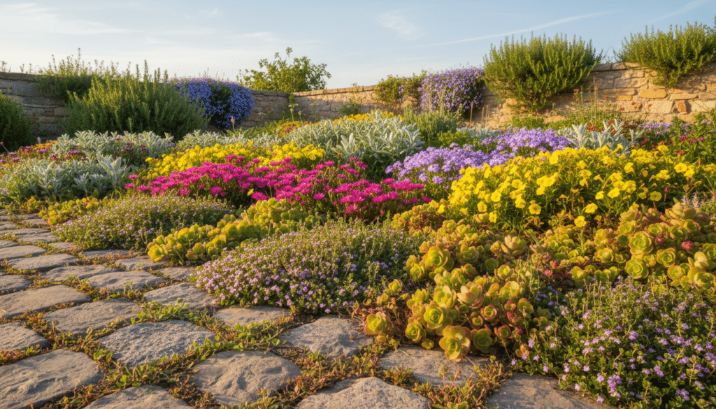 A vibrant garden scene highlighting various creeping ground cover plants in full sun, showcasing an array of textures and colors. In the foreground, lush green and flowering ground covers like creeping thyme and sedum spill over a cobblestone path, inviting viewers to explore. The middle ground features a diverse mix of drought-tolerant flora, intermingling hues of pink, purple, and yellow blossoms, creating a harmonious and vibrant palette. In the background, a clear blue sky with warm sunlight casts a gentle glow over the scene, enhancing the plants' vivid colors. The angle captures both the plants and the inviting path, creating a sense of depth and tranquility, making the viewer appreciate the beauty of nature in a drought-tolerant garden setting.
