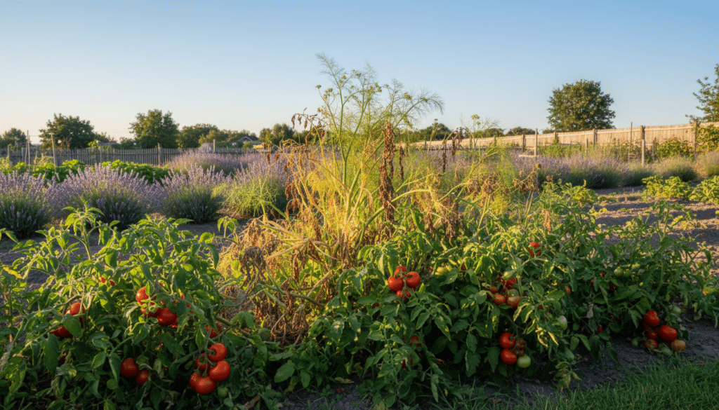 A vibrant garden scene illustrating "avoiding unfriendly garden neighbors" in a lush landscape. In the foreground, healthy tomato plants with bright red fruits are flourishing, while in the middle ground, a subtle depiction of invasive plants like fennel or potatoes is shown; these are illustrated as wilted, overshadowing the tomatoes. The background features a serene garden setting with a clear blue sky and soft sunlight filtering through the leaves, casting gentle shadows. The scene should evoke a sense of awareness and care in gardening, with a warm, inviting atmosphere. Use a wide-angle lens to capture the garden's expanse, highlighting the contrast between the thriving tomatoes and the unfriendly neighbors.