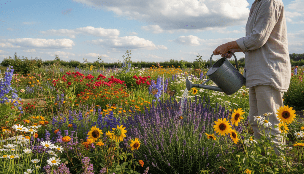 A vibrant garden scene showcasing a diverse array of flowering plants in full bloom, such as lavender, sunflowers, and daisies, with a focus on their colorful petals. In the foreground, a person, dressed in modest casual attire, gently waters the plants with a watering can, surrounded by buzzing bees and fluttering butterflies. The middle ground features well-tended rows of flowers, creating a lively atmosphere, while the background displays a serene blue sky dotted with fluffy white clouds, enhancing the feeling of a warm, sunny day. The scene is illuminated by soft, natural sunlight that casts gentle shadows, conveying a peaceful and nurturing mood. Capture this moment from a slightly elevated angle to emphasize the abundance of blooms and the activity of the pollinators.
