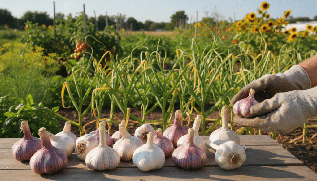 A vibrant garden scene showcasing a selection of garlic varieties. In the foreground, a wooden table displays several distinct garlic bulbs, each variety featuring unique colors and textures—purple, white, and striped. A gardener's hands, clad in sturdy gardening gloves, are thoughtfully examining the garlic, with sunlight illuminating the details. In the middle ground, lush green garlic plants with healthy foliage rise from well-tended soil, hinting at different growth stages. In the background, a soft-focus view of a garden filled with other vegetables and herbs creates a warm, inviting atmosphere. The lighting is warm and natural, evoking a sunny day, while the overall mood is one of care, knowledge, and anticipation in the process of selecting the best garlic varieties for cultivation.