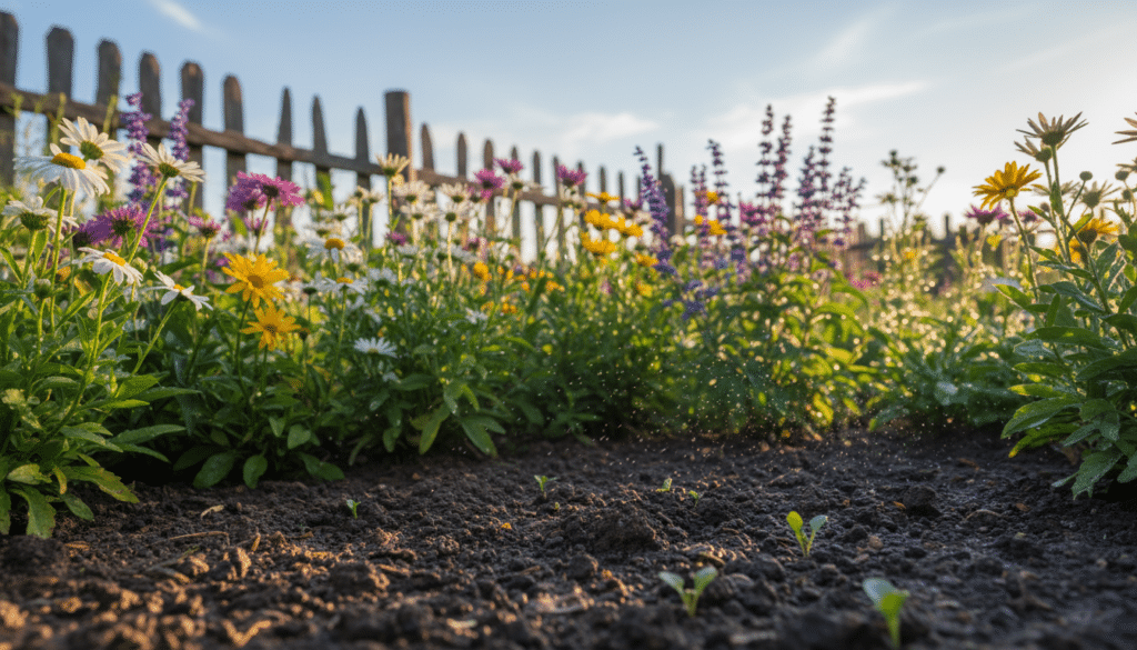 A vibrant garden scene showcasing the essential elements for growing perennial flowers. In the foreground, rich, dark soil is illuminated by warm sunlight, with small seedlings sprouting. The middle ground features a variety of colorful beginner-friendly perennial flowers like daisies and coneflowers, thriving in the soil. Delicate droplets of water shimmer on the leaves, suggesting recent watering. The background is softly blurred, with a sunny blue sky and a hint of a garden fence, creating a serene atmosphere. The lighting is bright yet soft, resembling the golden hour, and the camera angle is slightly elevated to capture the depth of the scene. The overall mood is cheerful and hopeful, emphasizing the growth potential of these flowers under ideal conditions.