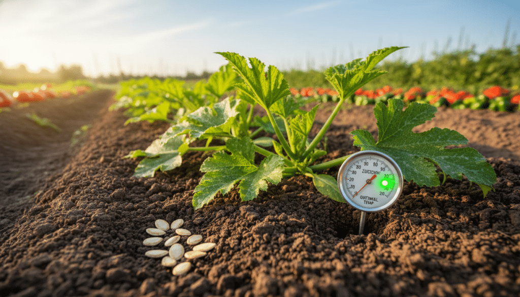 A vibrant garden scene showcasing the ideal soil temperature for planting zucchini, with a close-up view of rich, dark brown soil perfectly tilled and ready for planting. In the foreground, healthy zucchini seeds nestled in the soil, with temperature indicators like a thermometer showing optimal warmth. The middle ground features young zucchini plants with bright green leaves unfurling, set against a lush garden backdrop bathed in soft, warm morning light, creating an inviting atmosphere. The background includes a clear blue sky and distant rows of vegetables, enhancing the sense of growth and cultivation. Capture the image from a slightly elevated angle, emphasizing depth, while ensuring a bright and cheerful tone that conveys the promise of a fruitful harvest.
