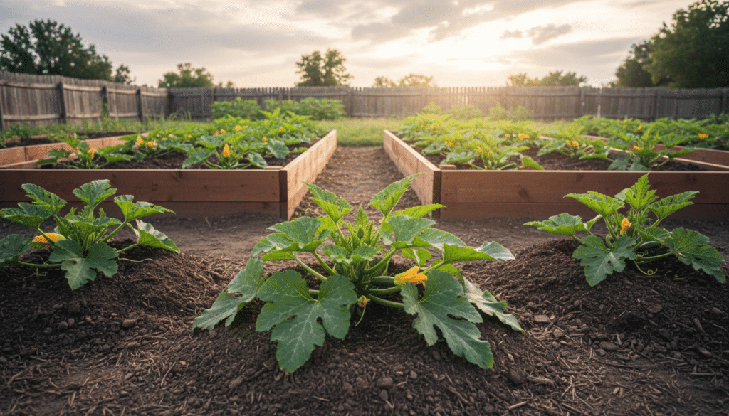 A vibrant garden scene showcasing zucchini plants arranged in designated spacing within raised beds and mounds. In the foreground, lush green leaves of zucchini thrive, with a focus on several mounds of soil, demonstrating ideal plant distances of about 24 to 36 inches apart. The middle ground features neatly organized raised beds, rich in soil texture, filled with healthy, young zucchini plants. In the background, gentle sunlight filters through soft clouds, creating a warm, inviting atmosphere that highlights the flourishing garden environment. Include rich colors, fine details of the leaves and soil, captured from a slightly elevated angle to emphasize the layout and spacing. The image conveys a sense of care and abundance in gardening.