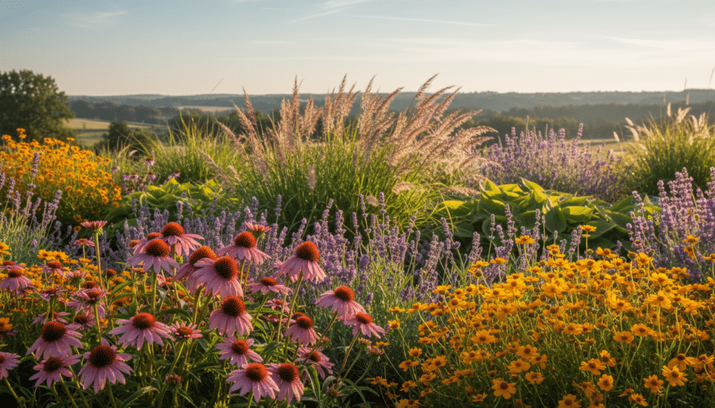A vibrant garden showcasing an array of top perennial flower varieties ideal for beginners. In the foreground, clusters of colorful echinacea (cone flower), lavender, and coreopsis bloom, their petals glistening with morning dew. The middle layer features lush green foliage, with ornamental grasses swaying lightly, providing texture and contrast. In the background, a soft-focus landscape of rolling hills and a clear blue sky enhances the tranquil garden scene. The lighting is warm and golden, capturing the essence of a sunny afternoon. The mood is inviting and serene, illustrating the beauty and diversity of perennial flowers that thrive year after year. No text, watermarks, or distractions are present, focusing solely on the stunning display of flora.