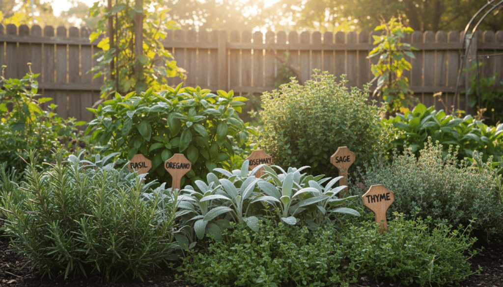A vibrant, lush garden scene showcasing a variety of perennial herbs ideal for home cooking and health. In the foreground, clusters of rosemary, sage, and thyme, their leaves glistening with dew in the soft morning light. The middle ground features rich green basil and oregano, flourishing in well-tended soil, surrounded by natural wooden garden markers. In the background, an inviting vintage wooden fence partially draped with morning sunshine filters through leaves, creating a warm golden glow. The atmosphere is serene and nurturing, evoking the essence of long-term growth and success in herb gardening. The perspective is slightly elevated, capturing the herbs at eye level, with a shallow depth of field focusing on the vivid colors and textures.