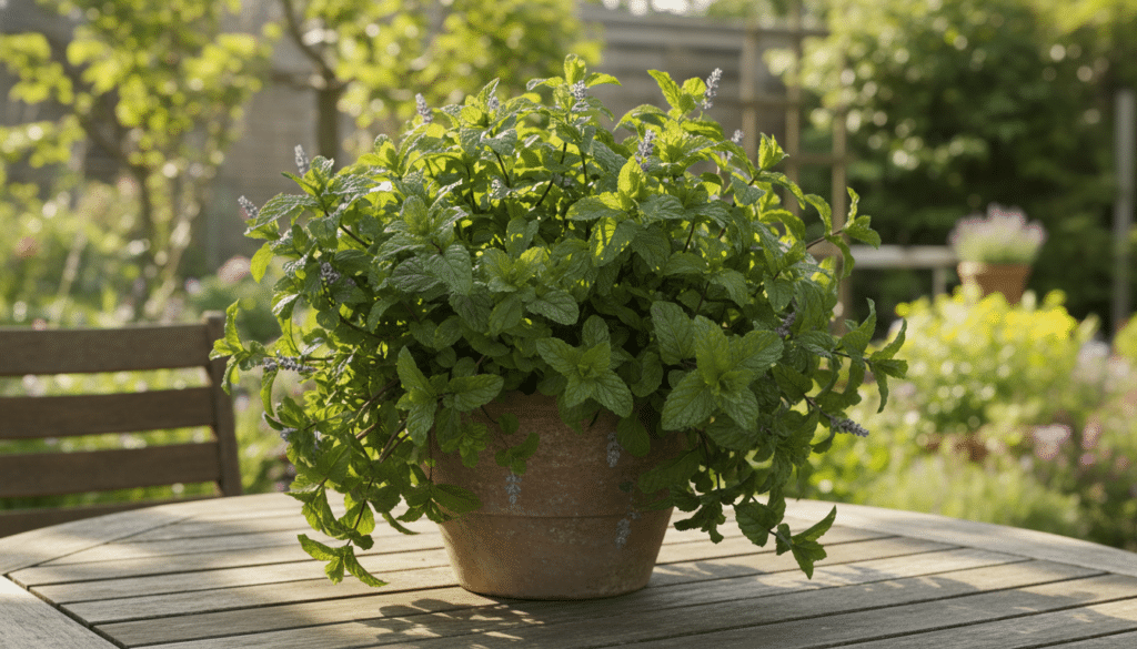 A vibrant mint plant contained in a rustic terracotta pot, showcasing lush green leaves with a few delicate lavender flowers peeking out. The container sits on a wooden garden table, partially shadowed by dappled sunlight filtering through nearby leafy branches. In the background, a softly blurred garden scene hints at other plants, but the focus remains on the mint. The overall atmosphere is serene and inviting, ideal for a home garden setting. Shot with a shallow depth of field to emphasize the texture of the mint leaves, the image is illuminated with warm, natural lighting that enhances the fresh, invigorating feel of the mint. The composition subtly conveys the idea of plant containment while inviting viewers to contemplate effective gardening strategies. A vibrant mint plant contained in a rustic terracotta pot, showcasing lush green leaves with a few delicate lavender flowers peeking out. The container sits on a wooden garden table, partially shadowed by dappled sunlight filtering through nearby leafy branches. In the background, a softly blurred garden scene hints at other plants, but the focus remains on the mint. The overall atmosphere is serene and inviting, ideal for a home garden setting. Shot with a shallow depth of field to emphasize the texture of the mint leaves, the image is illuminated with warm, natural lighting that enhances the fresh, invigorating feel of the mint. The composition subtly conveys the idea of plant containment while inviting viewers to contemplate effective gardening strategies.