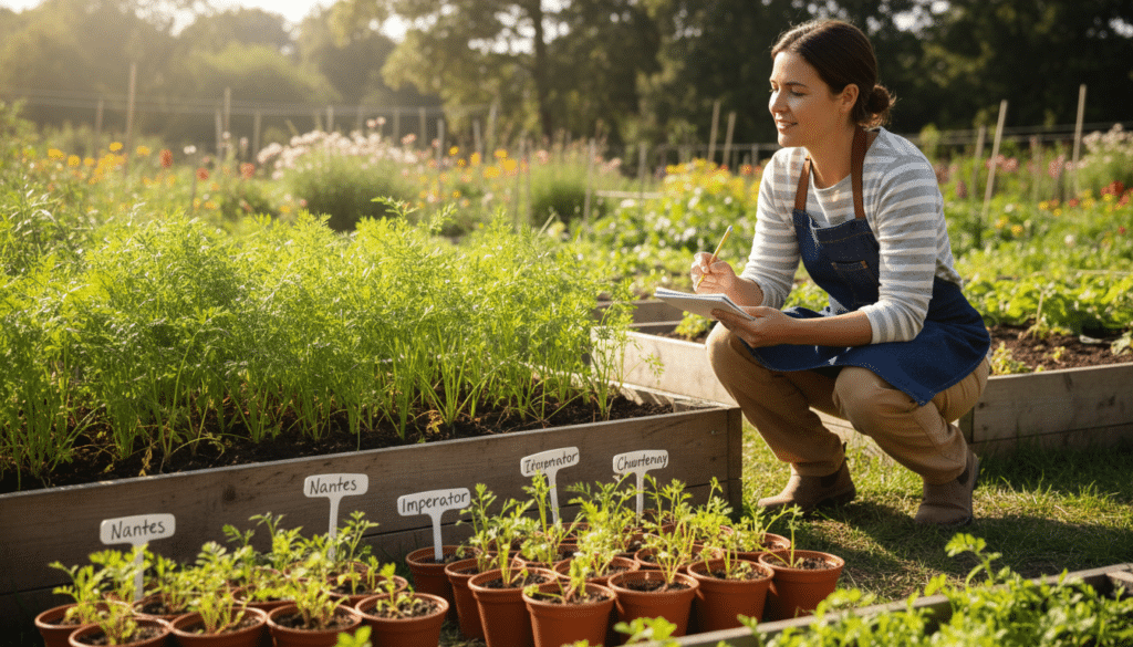 A vibrant, organized garden scene showcasing various carrot varieties in several containers. In the foreground, colorful carrot seedlings are displayed, with labels indicating different types like 'Nantes', 'Imperator', and 'Chantenay'. The middle ground features well-tended planter boxes filled with rich, dark soil, and healthy green foliage above the containers. In the background, a soft-focus garden landscape with bright sunlight filtering through leaves adds warmth, creating an inviting atmosphere. Soft shadows are cast on the ground, enhancing the depth of field. The overall mood is one of joy and exploration as a gardener in professional casual attire examines carrot seedlings with a notebook in hand, contemplating their choices amidst a lush, thriving environment.
