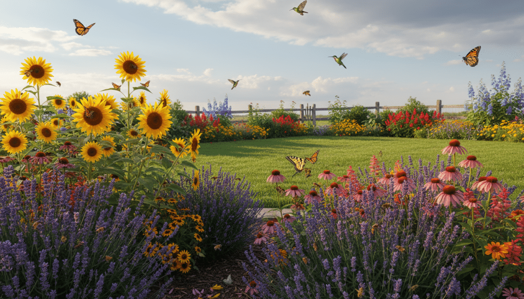 A vibrant pollinator garden bursting with life, featuring a variety of colorful flowers such as lavender, sunflowers, and echinacea, arranged in the foreground. Bees, butterflies, and hummingbirds flit joyfully among the blossoms, showcasing their crucial role in pollination. In the middle ground, a lush green lawn and well-maintained garden beds enhance the beauty of the scene. In the background, a soft-focus view of a blue sky with fluffy white clouds creates a cheerful atmosphere. The lighting is warm and inviting, reminiscent of late afternoon sun, casting gentle shadows that highlight the flowers. The overall mood is serene and uplifting, emphasizing the harmony between nature and pollinators while illustrating the benefits of including these plants in a garden.