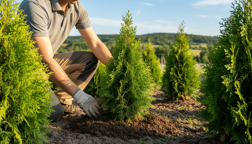 A vibrant scene showcasing healthy arborvitae shrubs being planted in a lush garden setting. In the foreground, a gardener in professional attire kneels, carefully placing rich, dark soil around the roots of a young, bright green arborvitae shrub. The middle ground features several other shrubs aligned in neat, well-maintained rows, their verdant foliage glowing in the soft, warm daylight. In the background, a serene landscape with gently rolling hills and a clear blue sky enhances the atmosphere of tranquility and growth. The image captures a close-up perspective, emphasizing the texture of the bark and foliage while maintaining a balanced focus that highlights the importance of proper planting techniques for supporting arborvitae health. The mood conveys an optimistic, nurturing environment.
